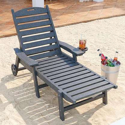Pamapic 1 PC 500 LBS Lounge Chair, Wide Armrest Oversized Chaise Lounge Chair with Wheel, All Weather HDPE 4 Positions Chaise Lounge with Cup Holder, Outdoor Lounge Chairs for Poolsdie, Patio, Grey