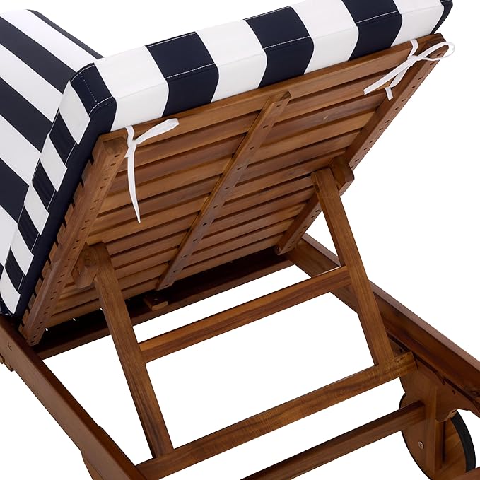SAFAVIEH Outdoor Patio Furniture Collection - Newport Natural Solid Wood Chaise Lounge Chair with Navy Stripe Cushion, Adjustable Backrest (PAT7316F)