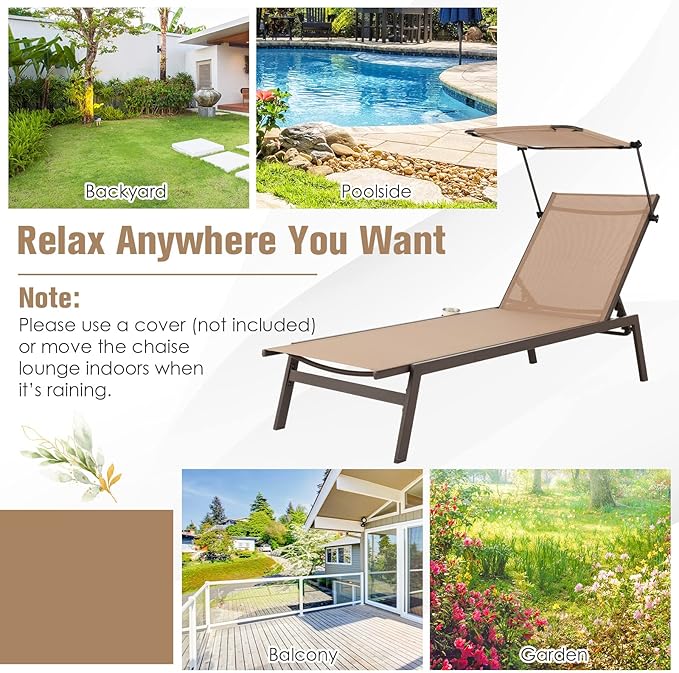 Tangkula Patio Chaise Lounge Chair, Outdoor Recliner with Adjustable Canopy & Cup Holder, 6-Level Backrest, Heavy-Duty Metal Reclining Lounger for Poolside, Backyard (1, Brown)
