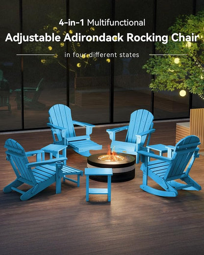 Adjustable Adirondack Rocking Chair with Retractable Ottoman,4-in-1 Multifunctional Folding Patio Chair with Cup Holder, Outdoor Chair Wood Texture for Lawn,Porch, Backyard,Pool(Pacific Blue)