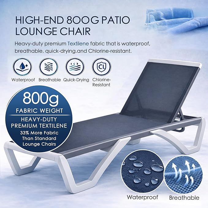 Kozyard Outdoor Chaise Lounge Chair, Full Flat Adjustable Patio Lounger with Aluminum Frame & Resin Legs, Textilene Fabric for Poolside, Backyard & Beach (Gray, 2Chairs with Table)