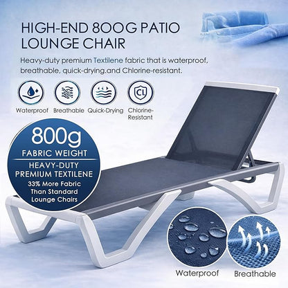 Kozyard Outdoor Chaise Lounge Chair, Full Flat Adjustable Patio Lounger with Aluminum Frame & Resin Legs, Textilene Fabric for Poolside, Backyard & Beach (Gray Without Table)