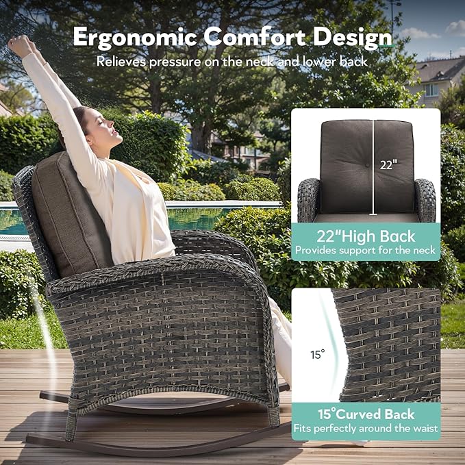 Patio Rocking Chair - 3 Peices Outdoor Wicker Rocker Porch Chair Set with Tempered Glass Side Table, 300 Lb Weight Capacity Rattan Seating for Balcony Garden Brown/Grey