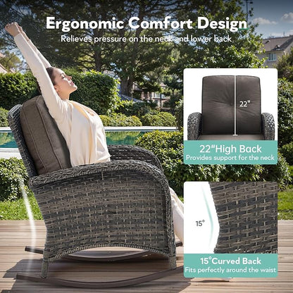 Patio Rocking Chair - 3 Peices Outdoor Wicker Rocker Porch Chair Set with Tempered Glass Side Table, 300 Lb Weight Capacity Rattan Seating for Balcony Garden Brown/Grey