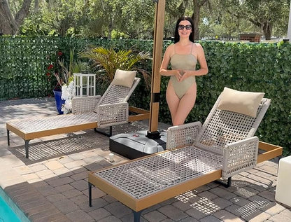 PURPLE LEAF 2 Pieces Outdoor Chaise Lounge Set Rattan Wicker Lounger with Arms Poolside Furniture Adjustable Recliners Patio Lounge Chairs for Beach Yard Garden Balcony,Teak