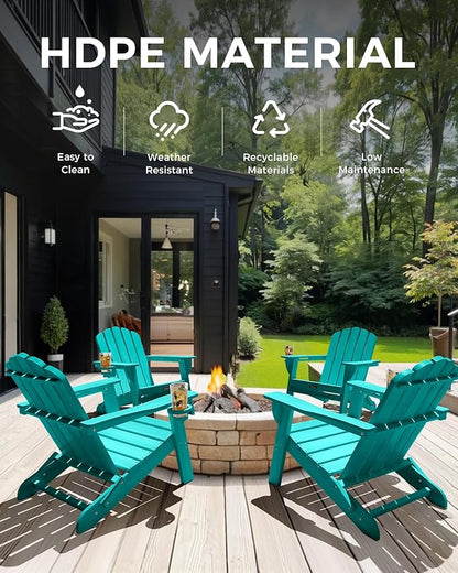 Folding Adirondack Chair, HDPE Adirondack Chair with 2 Cup Holders, Pre-Assembled Outdoor Fire Pit Chairs for Patio, Garden, Poolside, Lakeblue