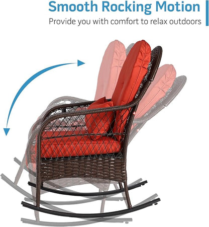 Outdoor Wicker Rocking Chair, All Weather PE Rattan Rocker with Cushion & Pillow, Outdoor Rocking Furniture for Garden, Porch, Backyard, Poolside (Brown Rattan+ Orange Cushion)
