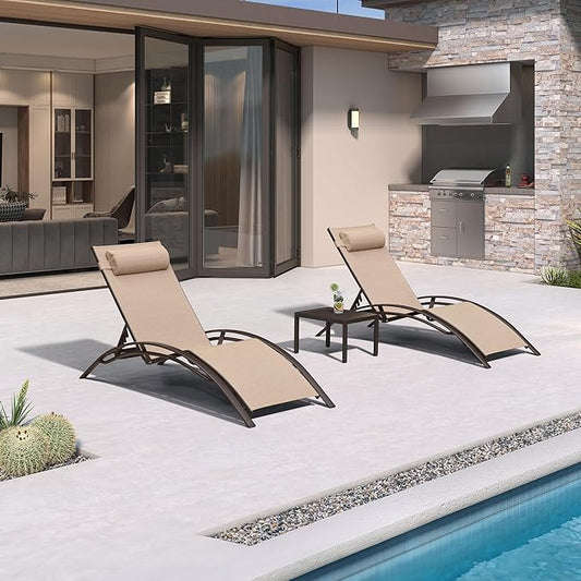 PURPLE LEAF Outdoor Chaise Lounge Chair Set of 3 Patio Pool Lounger Bronze Aluminum Chairs with Side Table Adjustable Tanning Recliner for Outside Backyard Yard Deck Balcony Beach Pebble Gray