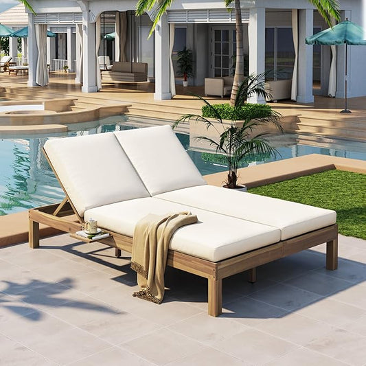 SOFTSEA Patio Double Chaise Lounge with 5-Position Adjustable Backrest, Outdoor Chaise Lounge with Cushions for 2 People, Wooden Outdoor Daybed with Folding Side Trays for Pool Backyard, Light Teak
