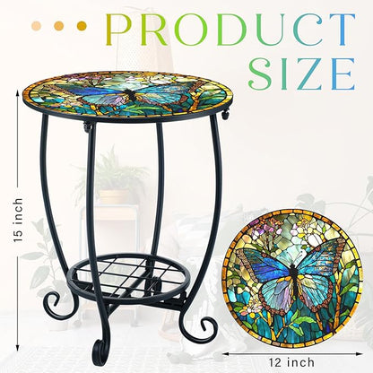 Outdoor Side Table Round Small Mosaic Patio Accent Indoor End Plant Coffee Tea Table for Yard Patio Porch Garden Living Room, Bedroom(Butterfly Style,12 Inch)
