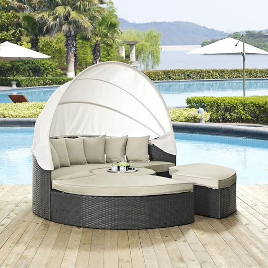 Modway Sojourn Outdoor Patio Sunbrella Sectional Daybed with Canopy in Antique Canvas Beige
