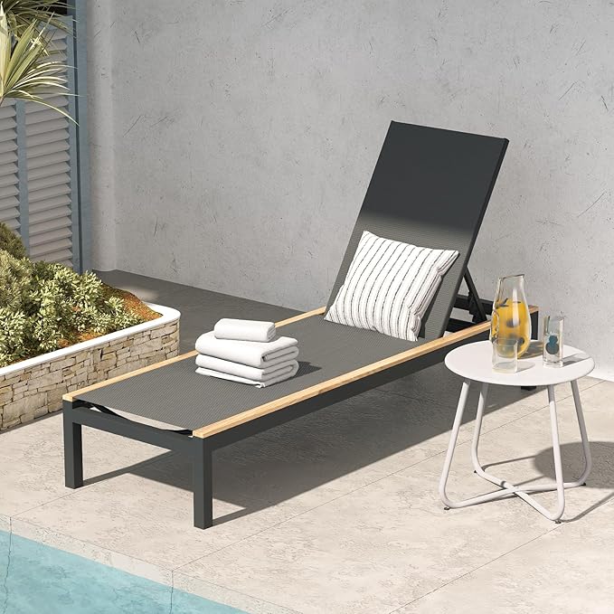 Grand patio Outdoor Chaise Lounge Mesh Sling Lounge Chair with Woodgrain Texture, Portable Wheels 4 Adjustable Reclining Backrest Positions for Beach Poolside, Black