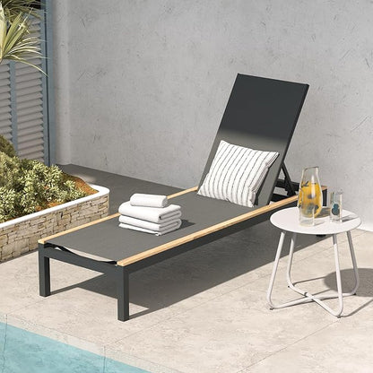 Grand patio Outdoor Chaise Lounge Mesh Sling Lounge Chair with Woodgrain Texture, Portable Wheels 4 Adjustable Reclining Backrest Positions for Beach Poolside, Black