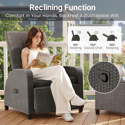 Green4ever 2-Peices Outdoor Patio Recliner with Adjustable Backrest, All-Weather Wicker Patio Chair with Side Table, 160° Lay Flat Patio Reclining Lounge Chair for Garden Backyard, Grey