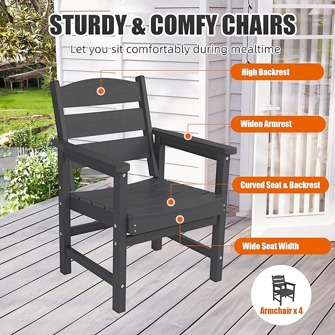 5-Piece HIPS Patio Dining Set, Outdoor Dining Table and Chairs Set with Umbrella Hole, Weatherproof Dining Table Set for 6 Person, Patio Furniture Set for Outside Deck, Black