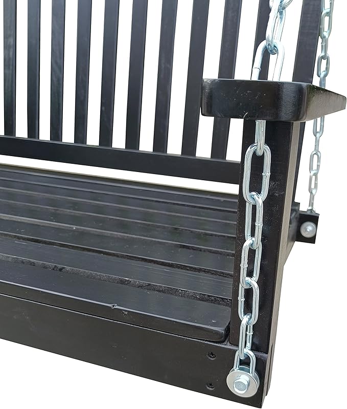 Bellemave Front Porch Swing Wood Hanging Bench with Armrests Outdoor Swing Chair with Chains, for Patio Backyard Poolside Garden Yard Sunroom, Easy to Assemble, Black Wood