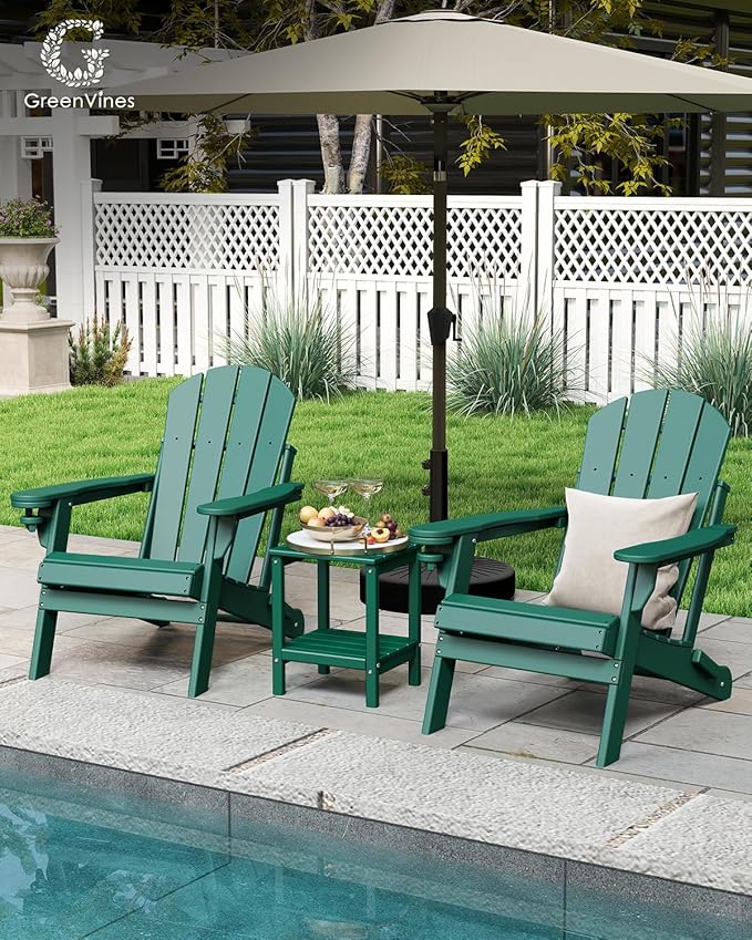 GREENVINES Folding-Adirondack-Chairs-Set-of-6 | HDPE Plastic | Fire Pit Chair | All Weather | Cup Holder | Forest | for Deck Backyard Patio Outdoor Garden