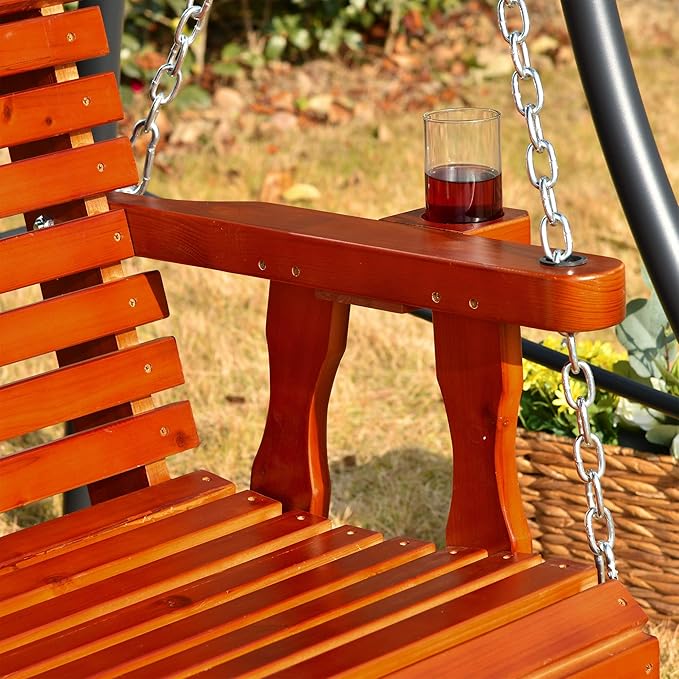 Outsunny Porch Swing with Chains and Cupholders, 2 Person Wooden Patio Swing Chair, 440 lbs. Weight Capacity, for Garden - Photo 9