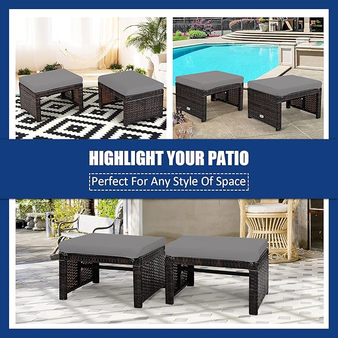 Tangkula 2 Pieces Patio Rattan Ottomans, All Weather Outdoor Footstool Footrest Seat with Soft Cushion, Hidden Zipper - Photo 6
