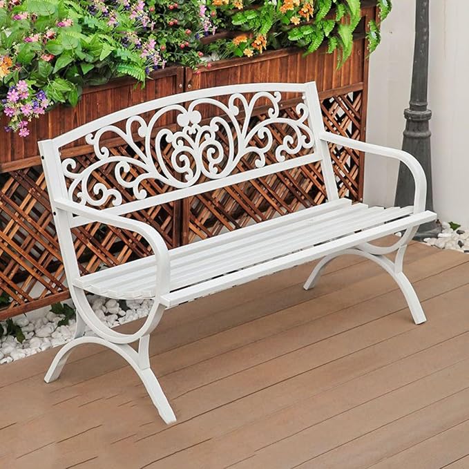 Weatherproof Metal Garden Bench - Slatted Patio Seating with Floral Backrest, Arch Legs for Outdoor Use on Porch, Patio, Lawn & Balcony (White)