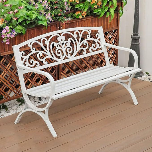Weatherproof Metal Garden Bench - Slatted Patio Seating with Floral Backrest, Arch Legs for Outdoor Use on Porch, Patio, Lawn & Balcony (White)