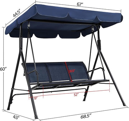 Yaheetech Outdoor Porch Swing Chair for Adults, 3-Seat Patio Sunset Hanging Swing w/Texteline Fabric & Adjustable Canopy & Armrests, Canopy Lounge Chair for Backyard/Garden/Balcony, Blue