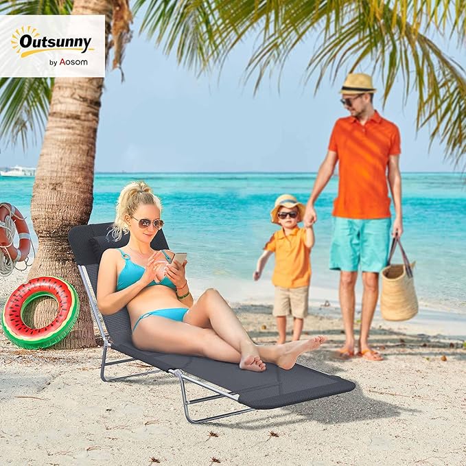 Outsunny Folding Chaise Lounge Pool Chairs, Outdoor Sun Tanning Chairs with Pillow, Reclining Back - Photo 2