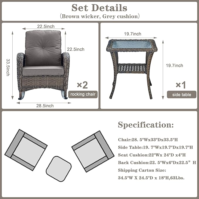 Belord Wicker Porch Rocking Chairs - 3 Pieces Patio Bistro Set High Back Outdoor Rocker Chairs Set with Side Table for Deck Balcony Brown/Grey