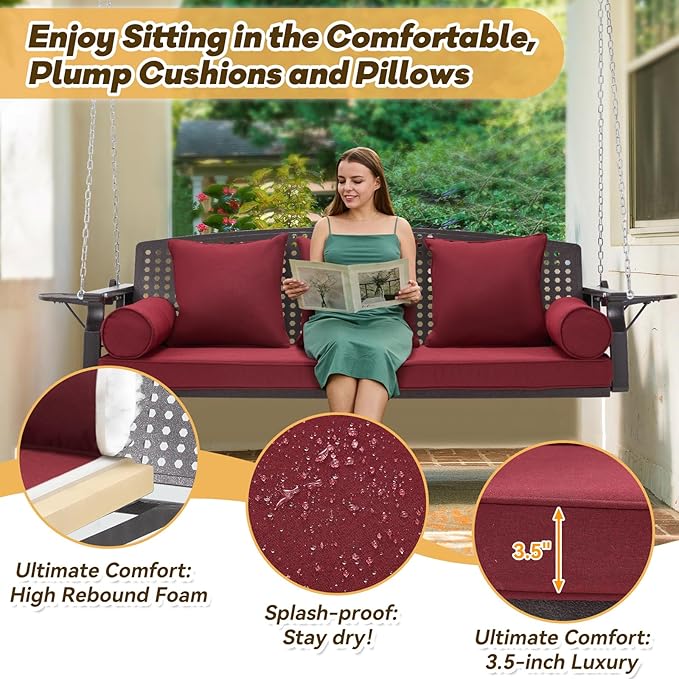 3 Seat Porch Swing, Patio Swing Bench with Cup Holders & 3 Back Cushions - Photo 4