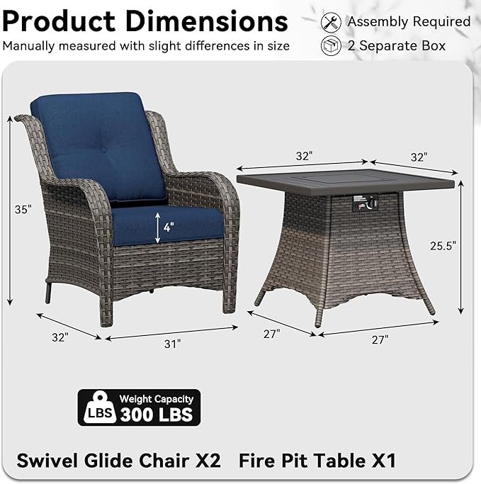 3 Pieces Outdoor Wicker Patio Furniture Set with Fire Pit Table, Patio Chair Set with Thickened Olefin Cushions - Photo 2