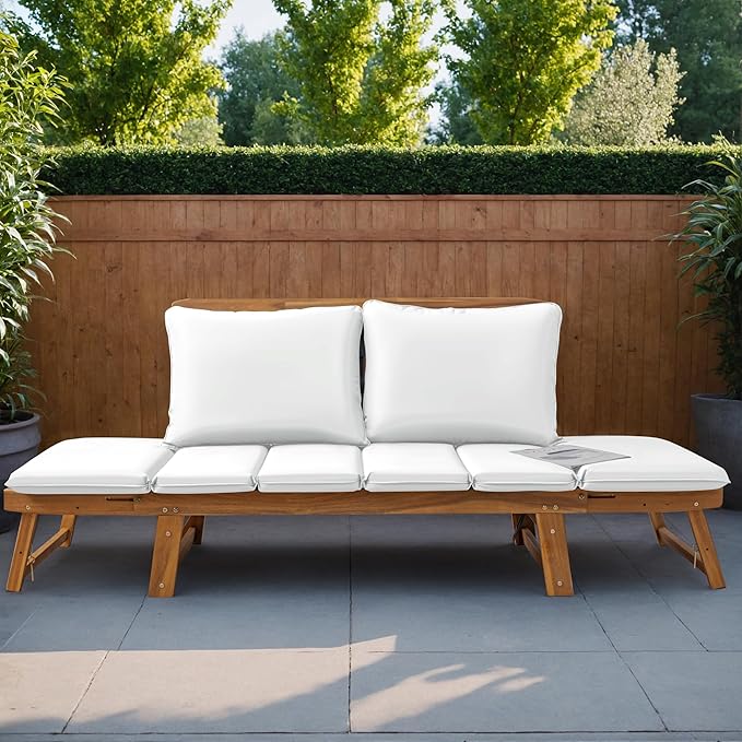 Greesum Patio Convertible Couch Sofa Bed with Adjustable Armrest, Acacia Wood Outdoor Daybed with Cushion & Pillow - Photo 7
