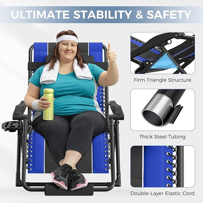 UDPATIO Oversized Zero Gravity Chair Set of 2, Outdoor Full Padded Recliner, Patio Folding Adjustable Reclining Seat with Cup Holder, Footrest & Headrest for Camping, 500LBS Support,Black/Blue,29in