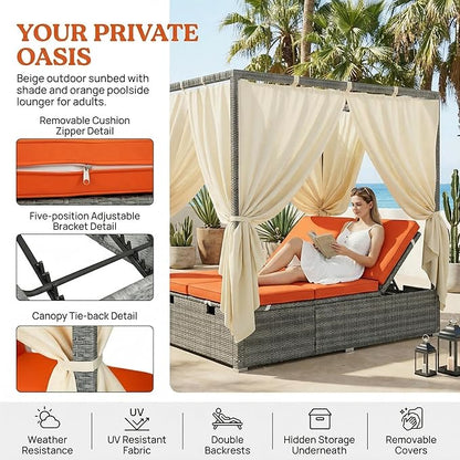 Harper & Bright Designs Adjustable Outdoor Sun Lounger with Canopy,Multi-Position Recline Patio Chair with Removable Cushion,Weather-Resistant Rattan Chaise Lounge for Poolside,Garden & Terrace,Orange