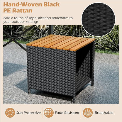 HAPPYGRILL 2-in-1 Outdoor Storage Bench Convertible Picnic Table and Chairs Set with Metal Frame, Acacia Wood Rattan Patio Loveseat for Garden, Backyard, Porch, Deck