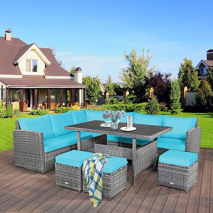 COSTWAY 7 PCS Wicker Outdoor Conversation Set, Patio Sectional Furniture Sofa Set with Table & Seat Cushions, Rattan Furniture Sets for Backyard Garden Poolside Porch, Turquoise