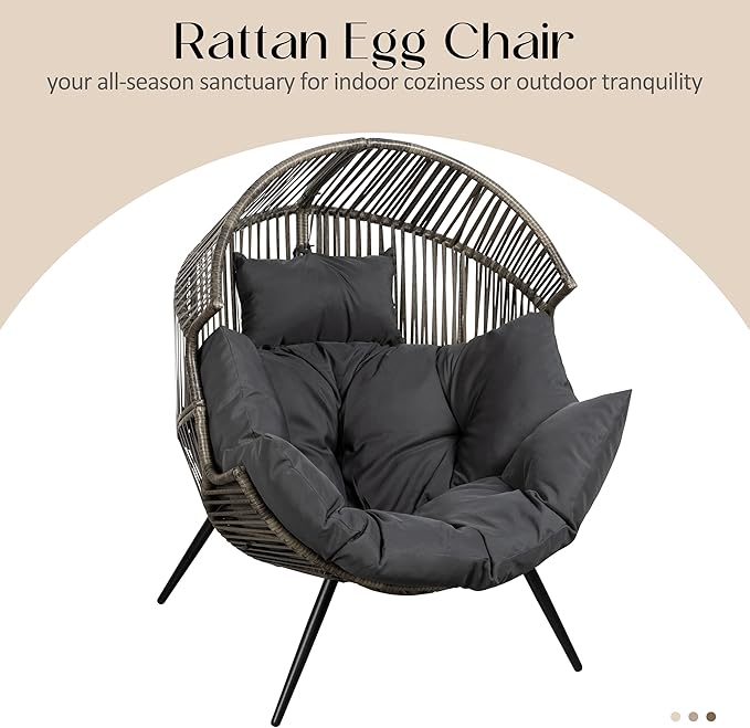 JAMFLY Wicker Egg Chair - Rattan Patio Chair with Cushion, Indoor-Outdoor Lounge Egg Basket Seat for Living Room - Photo 4
