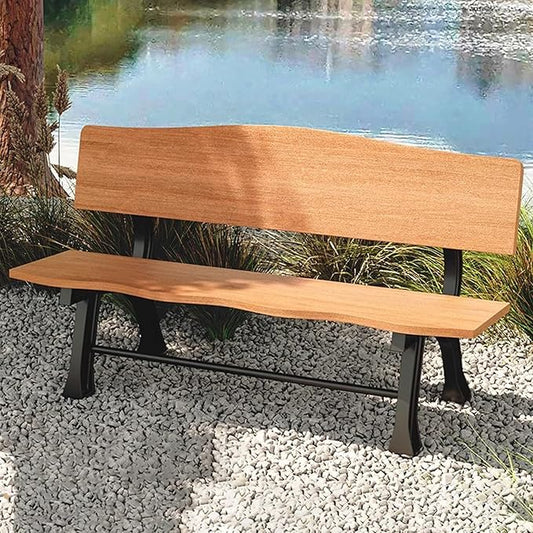 Outdoor Garden Bench, Metal Bench, Patio Wood Bench Park with Backrest, Bench Chair, for Patio Lawn Balcony Yard Porch(Natural,59x20.4x29.1in)