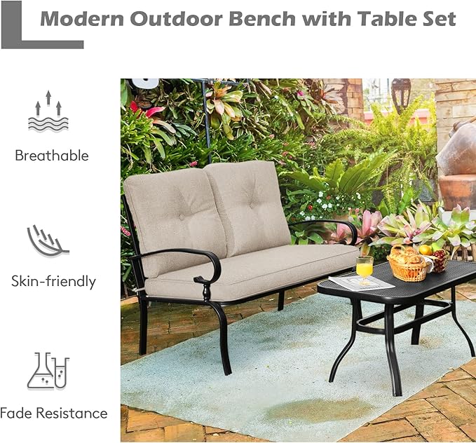 Giantex Patio Loveseat with Coffee Table Outdoor Bench with Cushion and Metal Frame, Loveseat Porch Furniture Set Sofa for Garden, Yard, Patio or Poolside (Light Beige & Black)