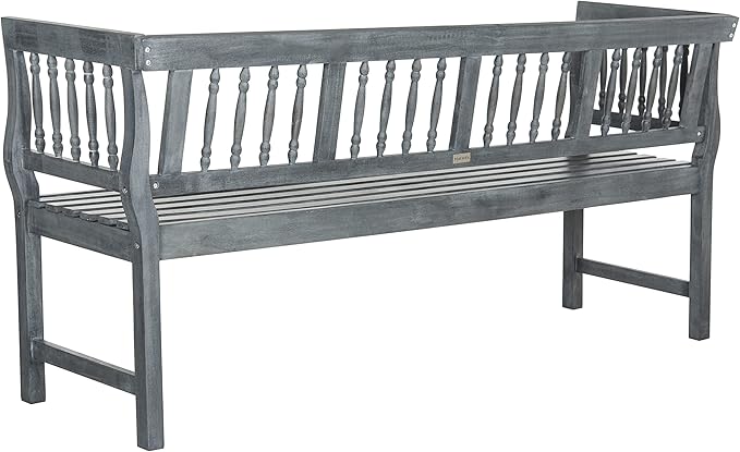 SAFAVIEH Outdoor Patio Furniture Collection – Brentwood Grey Distressed Acacia Wood Bench with Silver Accents, Classic Outdoor Seating for Porch or Garden (PAT6732B)