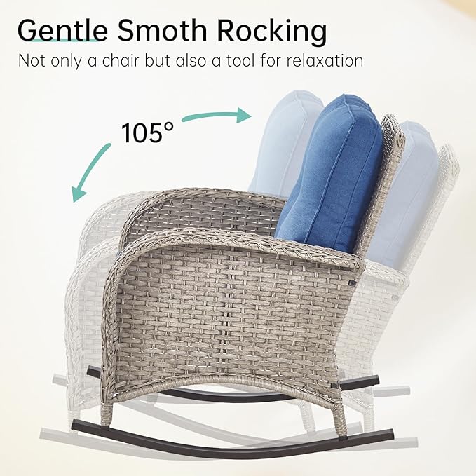 Patio Rocking Chair - 3 Peices Outdoor Wicker Rocker Porch Chair Set with Tempered Glass Side Table, 300 Lb Weight Capacity Rattan Seating for Balcony Garden - Light Beige/Blue