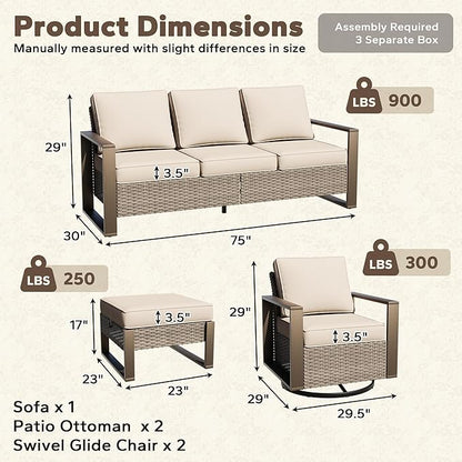 5 Pieces Metal Wicker Patio Furniture Set with 75" Sofa, Two Swivel Chairs and Two Ottomans, All Weather Rattan Outdoor Conversation Furniture with Washable Cushions for Porch, Beige