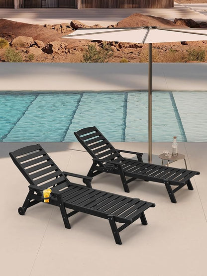 HDPE Patio Lounge Chair Set of 2, 78.4'' Outdoor Poly Lounge Chairs, 5-Position Adjustable Outdoor Lounger with Wheels & Cup Holder, HDPE Patio Chaise Lounges for Deck, Beach, Obsidian