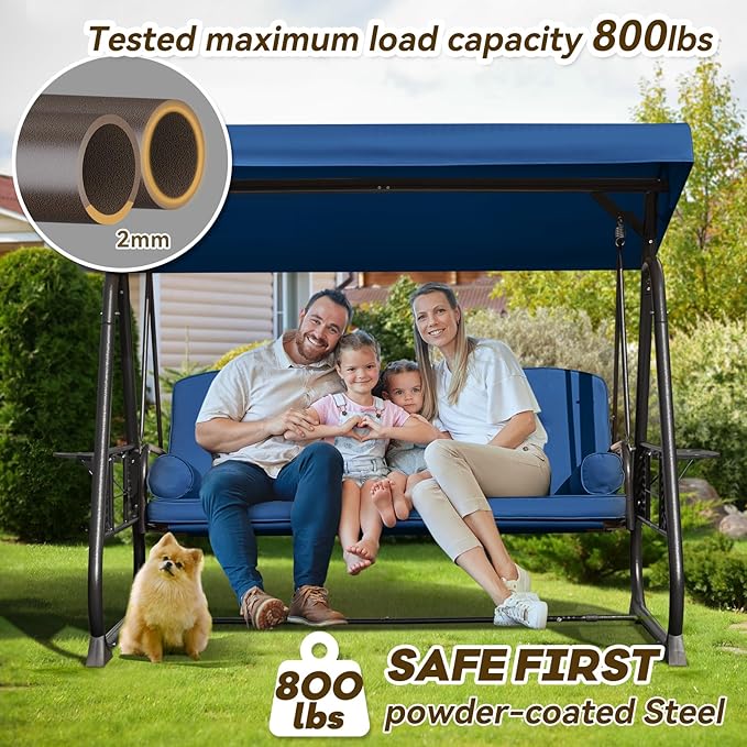 3 in 1 Outdoor Porch Swing with Adjustable Canopy, 3 Seat Outdoor Swing for Adults - Photo 2