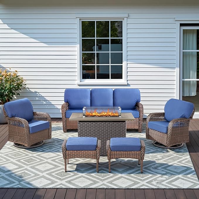 Patio Furniture Set with Fire Pit Table - 6 Pieces All-Weather Wicker Outdoor Furniture with High Back Swivel Chairs - Photo 1