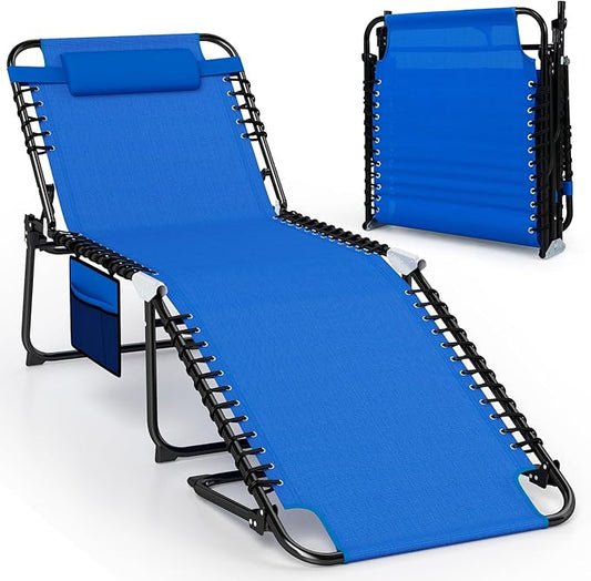 Giantex Lounge Chair Outdoor, Folding Tanning Chair with 4 Adjustable Positions, Removable Headrest, Footrest, Side Pocket, Load 440 Lbs, Portable Recliner for Lawn, Yard, Beach, Sunbathing (1,Navy)