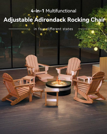 Adjustable Adirondack Rocking Chair with Retractable Ottoman, 4-in-1 Multifunctional Folding Patio Chair with Cup Holder, Outdoor Chair Wood Texture for Lawn, Porch, Backyard, Pool(Teak)