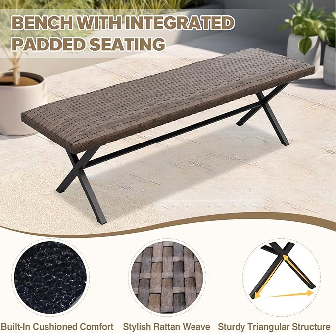 COOS BAY Echo Vibe Outdoor Bench Weatherproof, Wicker Patio Bench, Patio Dining Furniture Set, Brown