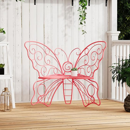 36 Inch Outdoor Bench, Cute Garden Bench with Metal Frame, Weatherproof Butterfly Front Porch Benches for Lawn, Garden, Yard, Balcony, Pink