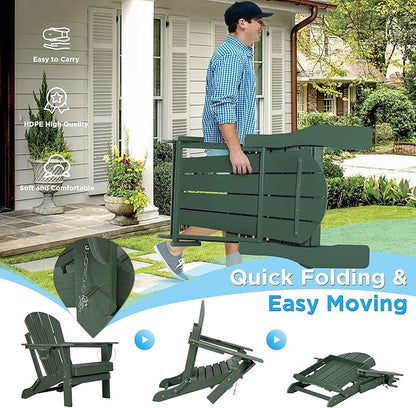 nalone Folding Adirondack Chair with Cushion with Cup Holder, HDPE Plastic Oversized Patio Chair Weather Resistant, Used in Outdoor, Fire Pit, Deck, Garden, Campfire Chairs (Green)