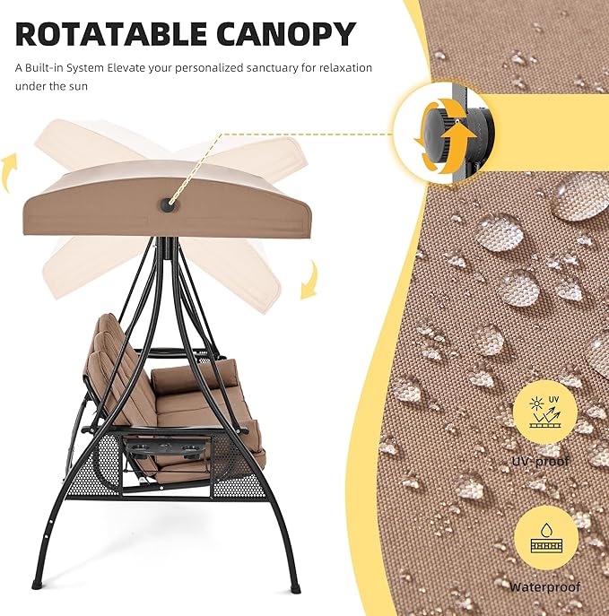 HOMREST 3 Seat Outdoor Porch Swing with 1.5" Deepened Cup Holder, Adjustable Canopy, Patio Swing Bed with Stand - Photo 2